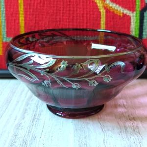 Antique purple glass hand painted bowl